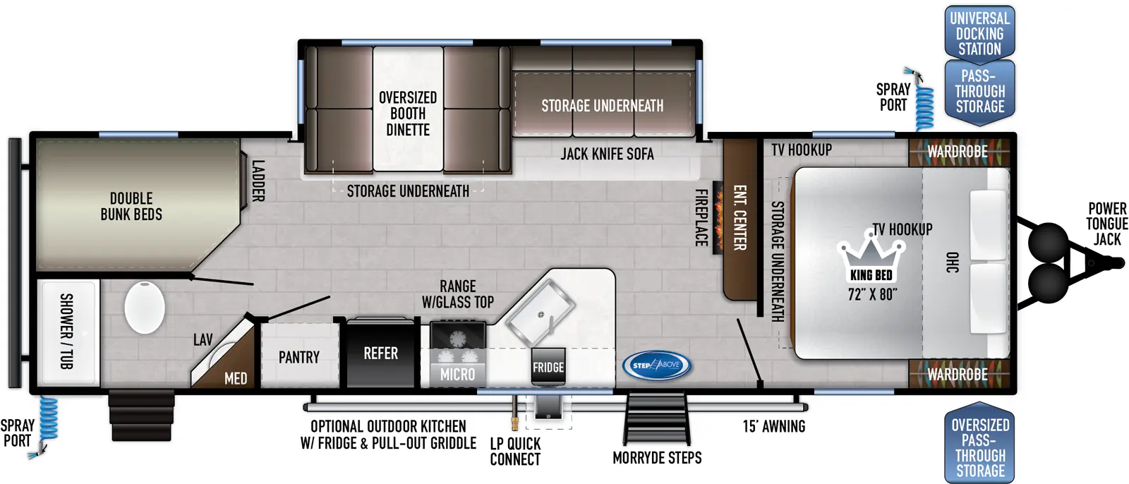 The 271BH has one slideout and two entries. Exterior features power tongue jack, front pass-thru storage with universal docking station, spray ports on both sides, 15 foot awning, LP quick connect, MORryde StepAbove steps, and optional outdoor kitchen with refrigerator and pull-out griddle. Interior layout front to back: foot-facing king bed with storage underneath, wardrobes on each side, and off-door side TV hookup; entertainment center with fireplace along inner wall; off-door side slideout with jackknife sofa with storage underneath, and booth dinette with storage underneath; door side entry, peninsula kitchen counter with sink, overhead cabinet, microwave, range with glass top, refrigerator and pantry; rear off-door side double bunk beds; rear door side full bathroom with medicine cabinet and second entry.